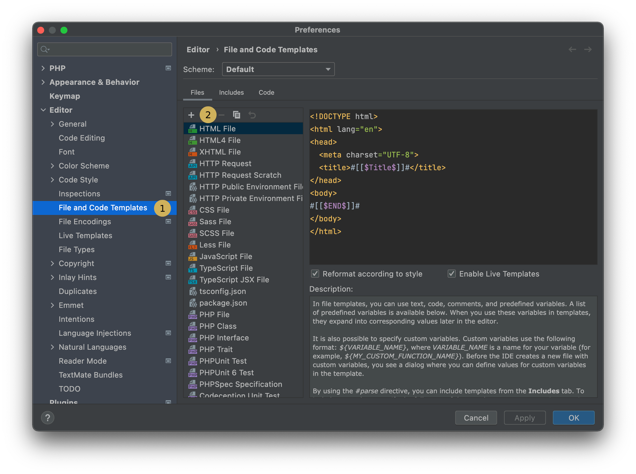Image of jetbrains file template settings